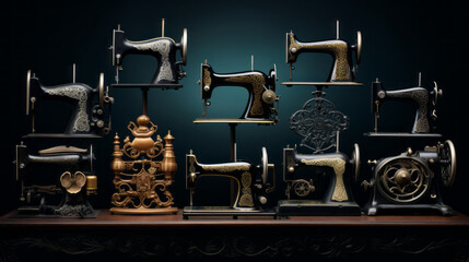 A collection of vintage sewing machines with ornate detailing - obrazy, fototapety, plakaty