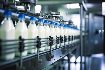 Close up Bottling milk production line factory, industry equipment dairy