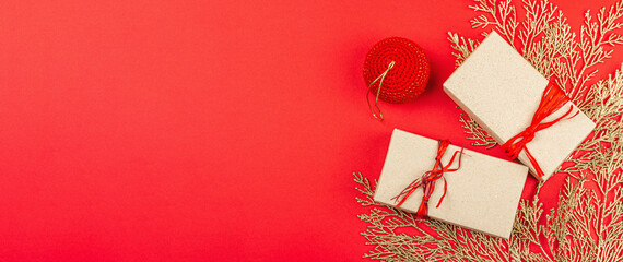 Christmas festive gift boxes, surprise concept. New Year background in red and gold colors