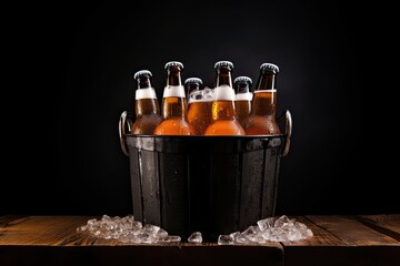Bucket of beer bottle on the table with black background, highquality - obrazy, fototapety, plakaty