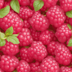 Seamless patterns of red and ripe raspberries with grass leaves.