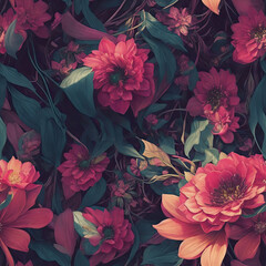 Seamless patterns of red flowers in dark soft tones.