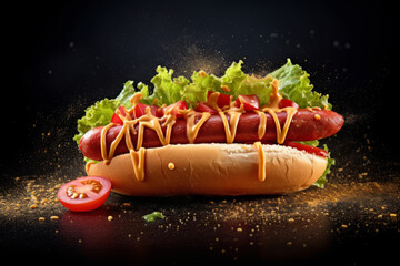 Delicious, juicy hot dog with mustard and tomatoes on a dark background. Generative AI.