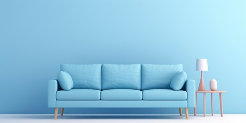 Fototapeta na wymiar modern minimalistic living room, soft blue sofa on blue background room, generative AI
