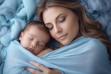 Woman holding adorable baby wrapped in blue blanket. Generative AI