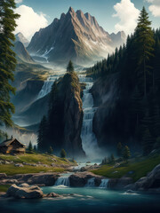 A mountain landscape with a waterfall and a lonely house. A cozy picture.
