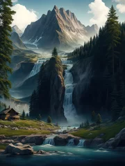 Tuinposter A mountain landscape with a waterfall and a lonely house. A cozy picture.  © Romaboy