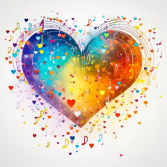 Beautiful wallpaper with colorful heart, music theme, abstract background, artificial intelligence music visualization, generated love music visualization. Love for music. Generative AI.
