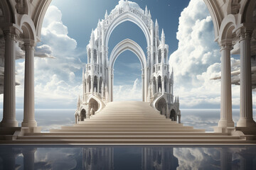 Surrealism, mythological, space stairway to heaven, ancient magical scene, white reflective surface, way to beyond, ancient knowledge. AI Generative - obrazy, fototapety, plakaty