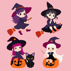 Kawaii cute witch vector set for the Halloween holiday.