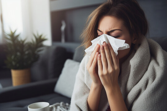 Closeup of sick caucasian woman holding tissue and blowing her nose while at home, Woman suffering from seasonal allergy or flu