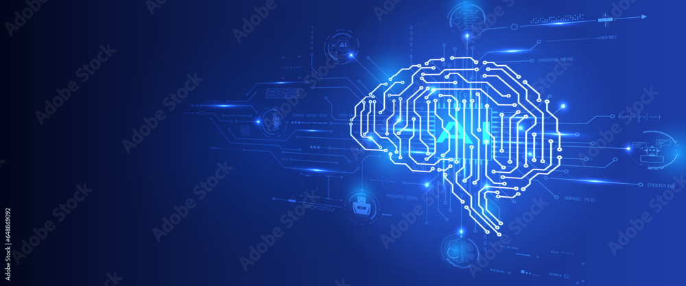 Aufkleber Circuit board CPU chip with AI smart brain big data processing futuristic technology. Artificial intelligence micro processor unit storage database vector concept background.	