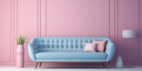 modern minimalistic living room, soft blue sofa on blue and pink tone, generative AI