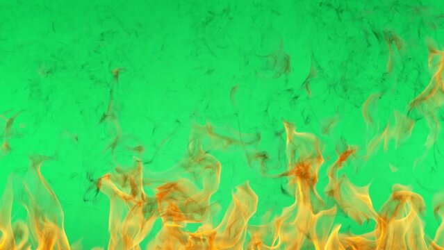 Super slow motion of fire flames on green screen background. Filmed on high speed cinema camera at 1000 fps