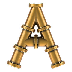 Letter A from copper, bronze or brass pipes, 3D rendering isolated on transparent background