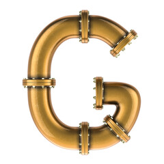 Letter G from copper, bronze or brass pipes, 3D rendering isolated on transparent background
