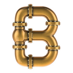 Letter B from copper, bronze or brass pipes, 3D rendering isolated on transparent background
