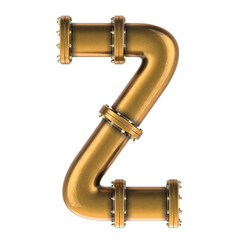 Letter Z from copper, bronze or brass pipes, 3D rendering isolated on transparent background