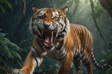 Fototapeta premium A Bengal tiger roar in the jungle. Dangerous Bengal Tiger in forest attack pose.