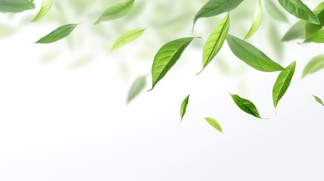 Green flying leaves isolated on white background with place foe text. Fresh tea, air purifier, organic, vegan, eco or beauty product concept design