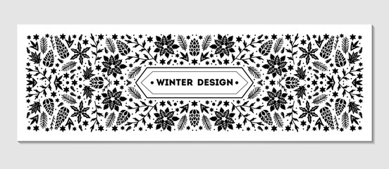 Luxury Christmas frame, abstract sketch winter floral design templates for xmas products. Geometric monochrome square, holly silver backgrounds with fir tree. Use for package, branding, decoration,