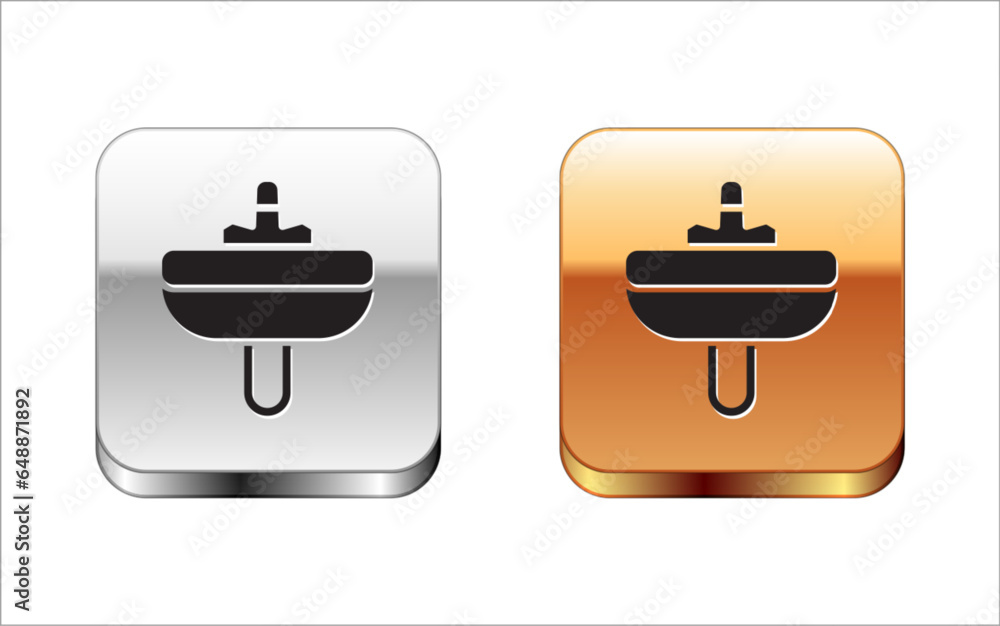 Sticker Black Washbasin with water tap icon isolated on white background. Silver-gold square button. Vector