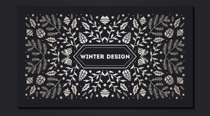 Luxury Christmas frame, abstract sketch winter floral design templates for xmas products. Geometric monochrome square, holly silver backgrounds with fir tree. Use for package, branding, decoration,