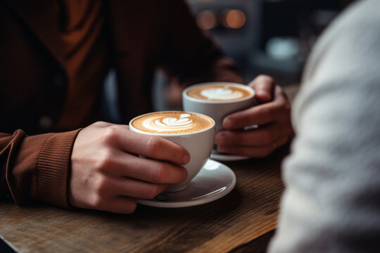 Close-up of a man and woman clinking a white coffee cup in a coffee shop, while talking at work