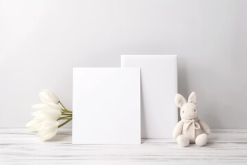 Mockup of greeting cards and baby toy on white background