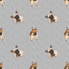 French Bulldog sitting and laying dog seamless pattern. Hand-drawn dog on a repeatable grey background with snow. Cute abstract texture with Frenchie illustration. Cartoon style. Popular character.