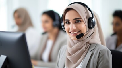 A muslim woman in jijab is wearing a headset. Call center operator working in call center.