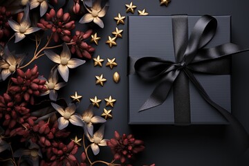 A black gift box with a black ribbon and gold stars. Photorealistic image. Black Friday background.