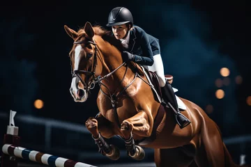 Gordijnen Chestnut horse and female rider jumping over rail in night © alisaaa