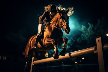 Fototapeta na wymiar Chestnut horse and female rider jumping over rail in night