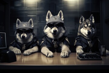Three police dogs sitting at desk in front of a computer. Photorealistic image. Police animal cops. - obrazy, fototapety, plakaty
