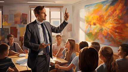 A digital painting capturing the inspirational interaction between a teacher and students in a colourful classroom.