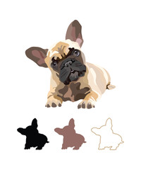 French Bulldog dog portrait. Sticker on a white background. Cute detailed bulldog Drawing. Cartoon style. Popular character. Black stroke, dog outlines. Black and White laying bulldog silhouette. Flat