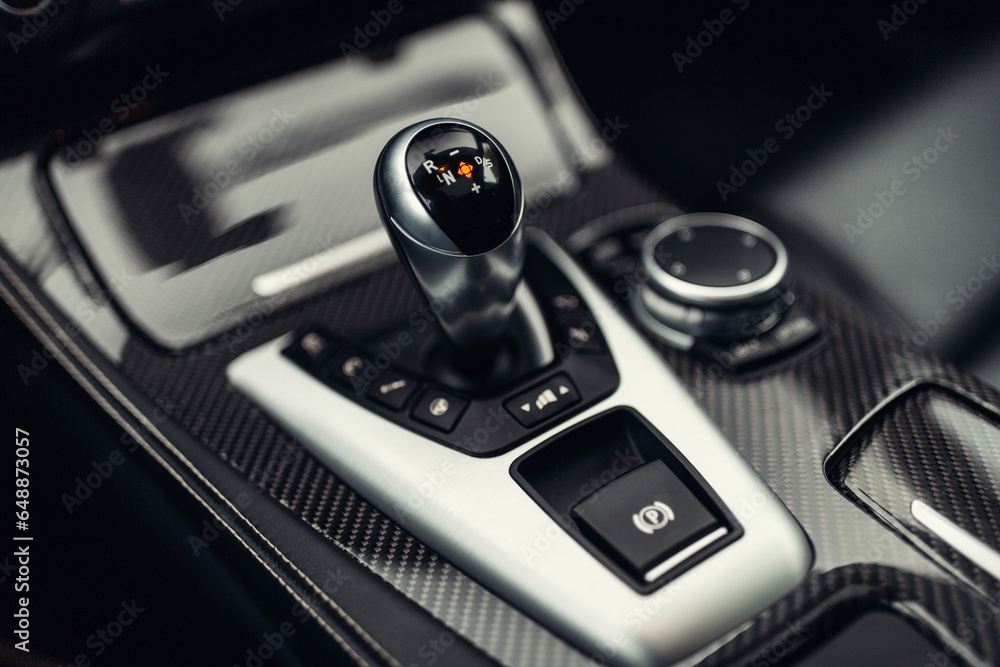 Poster modern car automatic gearbox shift handle and carbon panel