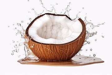 Fresh coconut with pieces and water splash with black reflection on black background