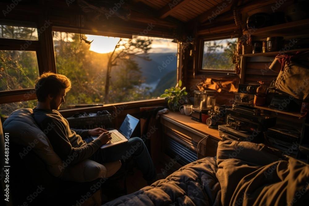 Poster a man sitting on a couch using a laptop computer. fictional image.
