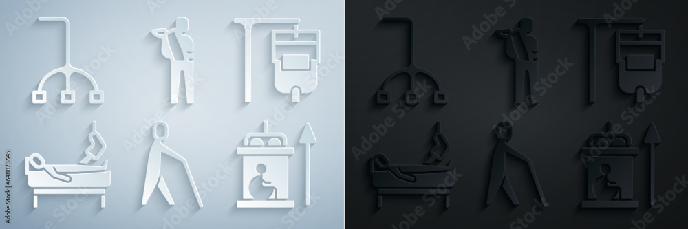 Wall mural Set Blind human holding stick, IV bag, Patient with broken leg, Elevator for disabled, Human arm and Walking cane icon. Vector