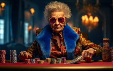 Obraz premium Portrait of a senior woman playing poker at the casino. Poker concept.