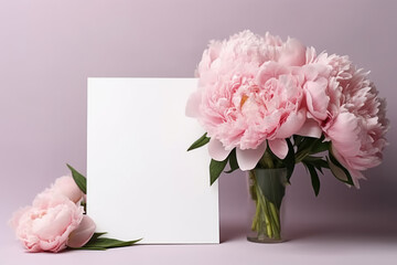 Bouquet of pink peonies in vase and blank card on pink background