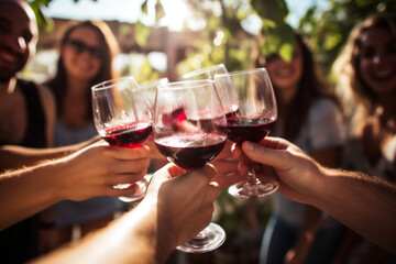 Group beverage drink celebrate toasting red party alcohol friends people wine holiday