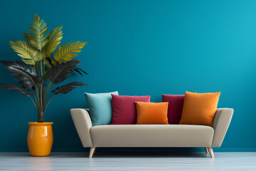 Gray sofa with colorfull pillows and large houseplant in pot against teal wall, interior of modern living room