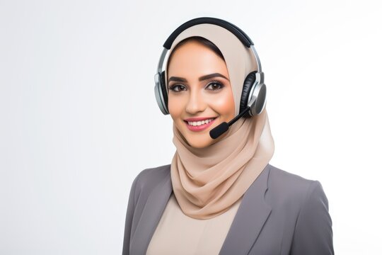 A muslim woman in jijab is wearing a headset. Call center operator. Imaginary photorealistic image.