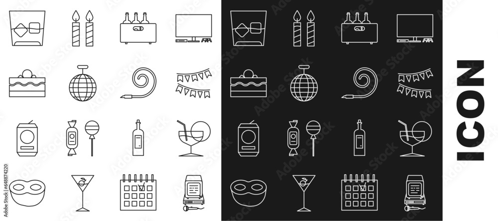 Wall mural Set line Karaoke, Martini glass, Carnival garland with flags, Bottles of wine wooden box, Disco ball, Cake, Glass whiskey ice cubes and Birthday party horn icon. Vector