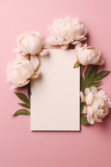 White peony flowers with blank card on pink background. Flat lay, top view