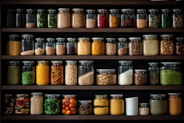 Poster Scene A pantry with shelves stocked with healthy grains, beans, and canned goods. Medium Still image. Style Organized. Mood © twilight mist
