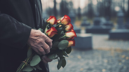 Old man holding a bouquet of red roses in the cemetery. - obrazy, fototapety, plakaty